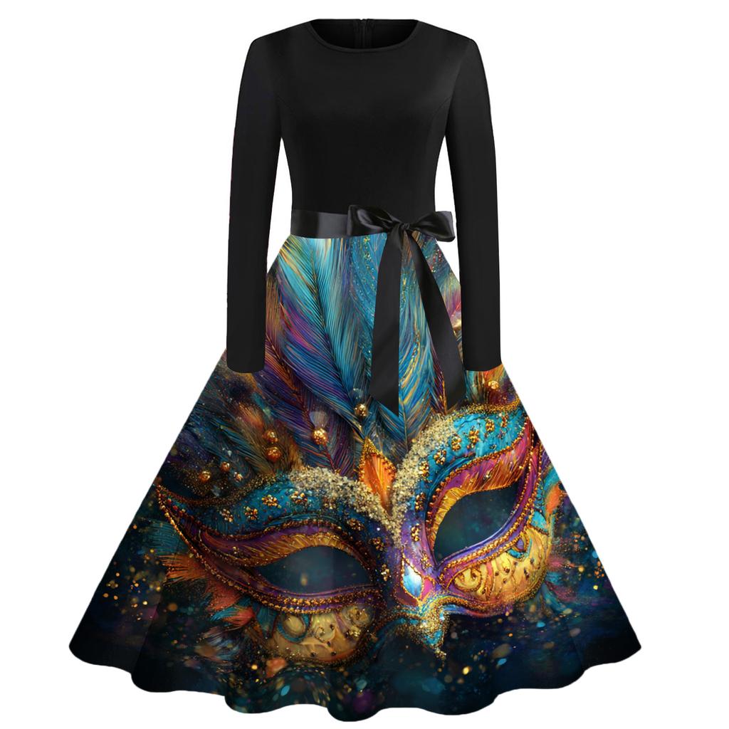 Damen Casual Mode Rundhals Karneval Bedrucktes Vintage Kleid