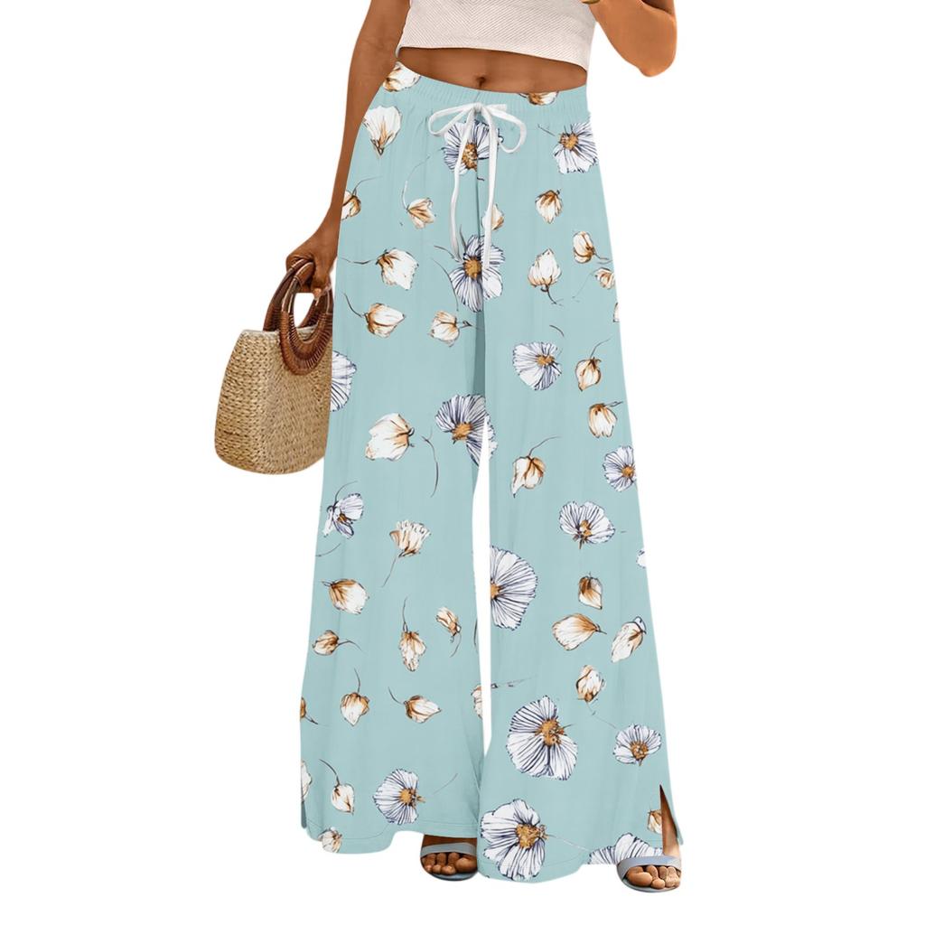 Women's Casual Wide Leg Pants Stretch Belt Pocket Floral Print Adjustable Tie Pants