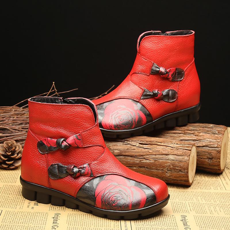 retro winter new  Luxury women Real leather Boots ladies ankle boots flat heeled butterfly bow with plush warm women shoes