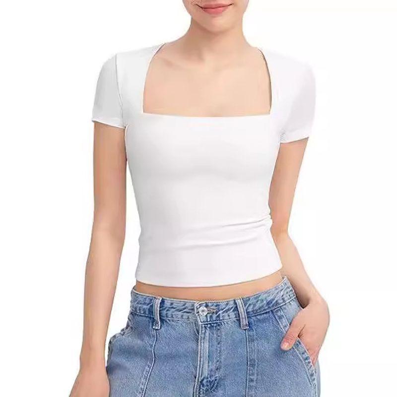 Solid Color Square Neck Short Sleeved Top Pure Color Square Collar Short Sleeve Tops Female