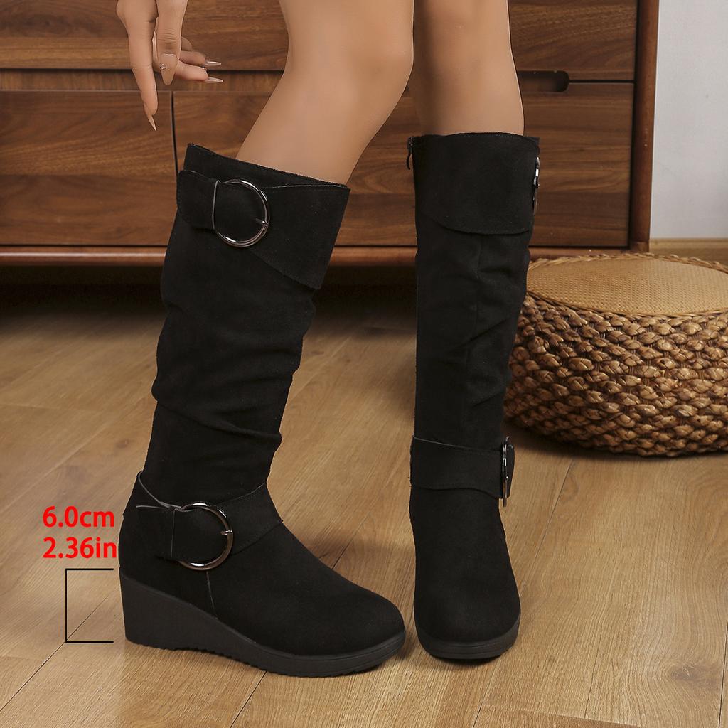 Fashion High Heels Women Long Boots Winter Suede Buckle Wedges Shoes 2025 New Snow Elegant Knee Boots Designer Fashion Zapatillas Mujer