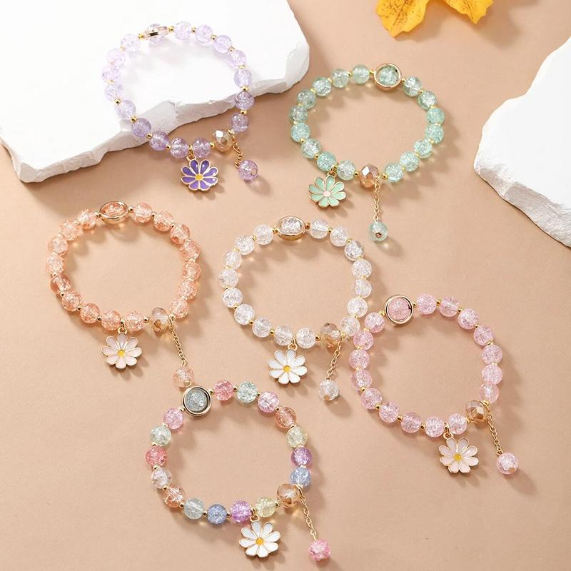 6pcs/set Colorful Popcorn Crystal Beaded Women Bracelet Daisy Flower Butterfly Pendant Fashion Bracelet Valentine's Day Gifts