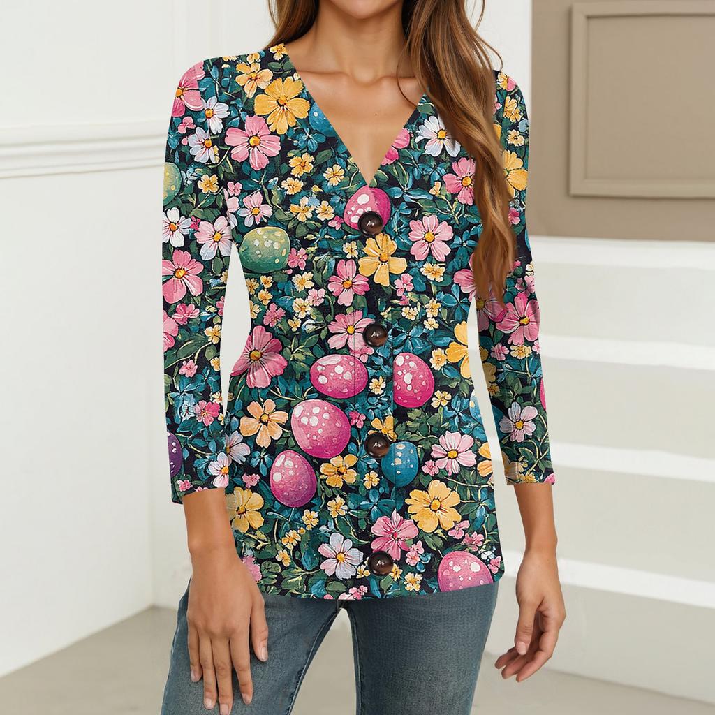 Women's Fashion Casual Print Button-down Shirt 3/4  Sleeve Tops