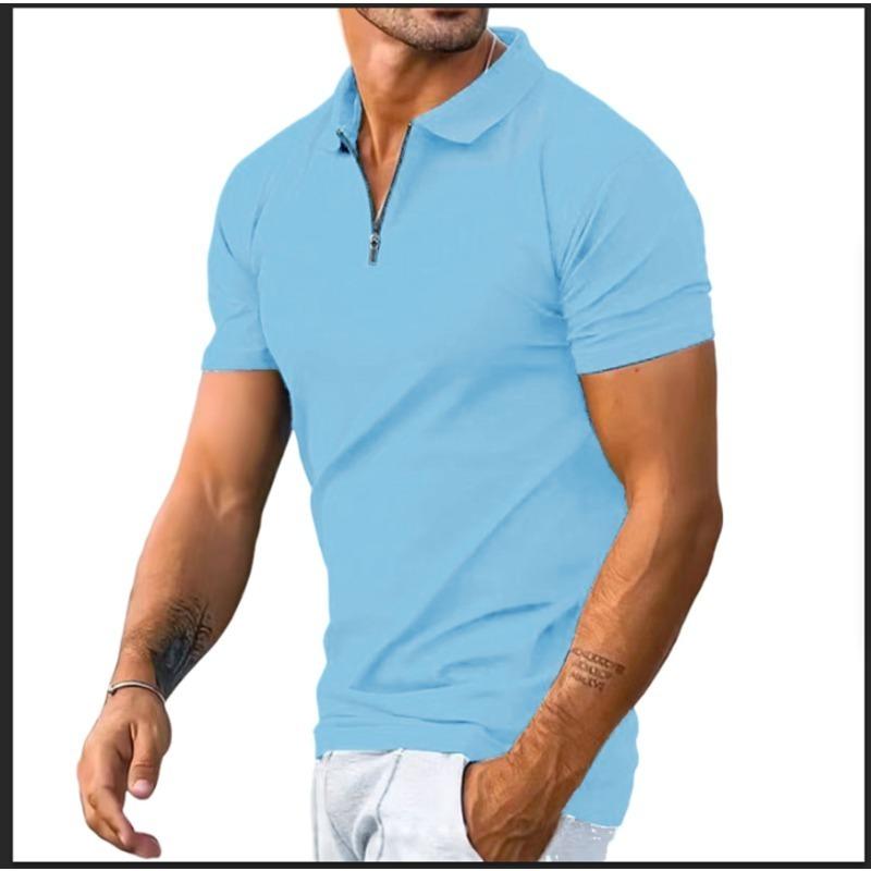 Men Solid Color Zipper Short Sleeve Polo Shirt Casual Top