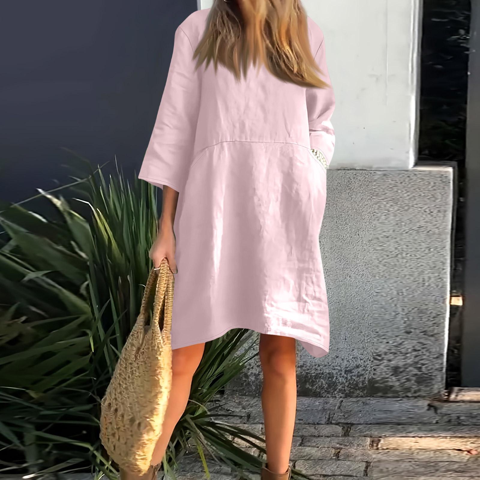 

Womens Casual Linen Dresses Loose Fit 3/4 Sleeve Shirt Dress With Pockets M розовый