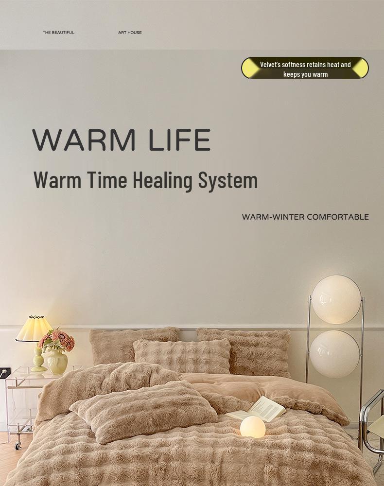 Class A Rabbit Hair Velvet Winter 4-Piece Bedding Set - Thickened Warm Coral Velvet Flannel.
