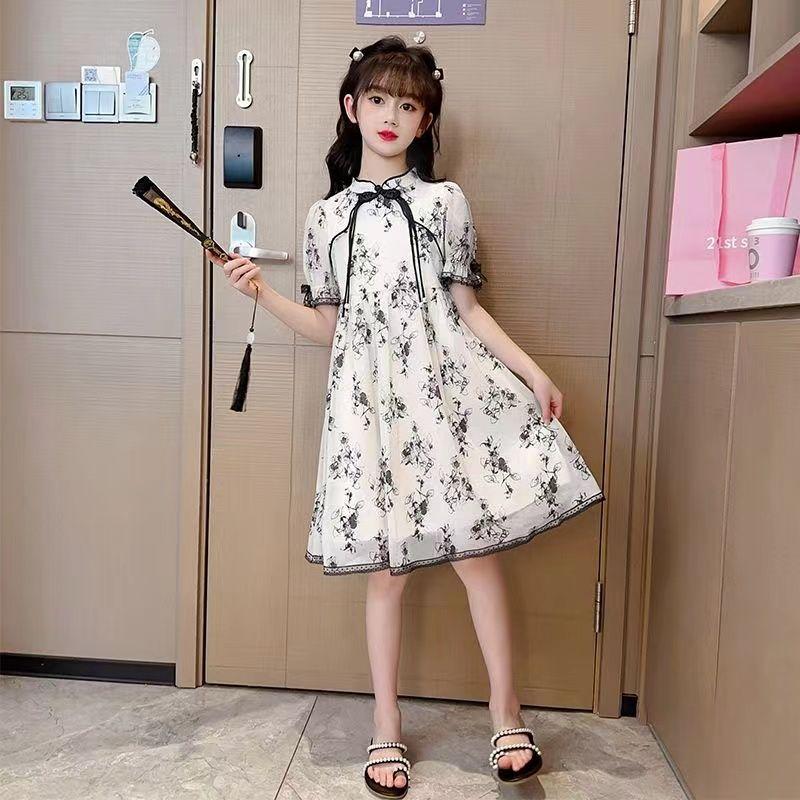 Girls Dress Summer Vintage Qipao Dress Ink Painted Children's Princess Dress Summer Flower Girl Dresses