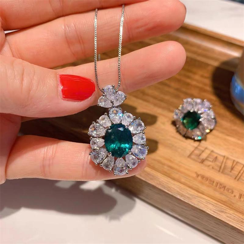 Classicl Emerald Diamond Promise  Sterling Silver  Set Wedding Earrings Rings Necklace for Women Bridal  Gift
