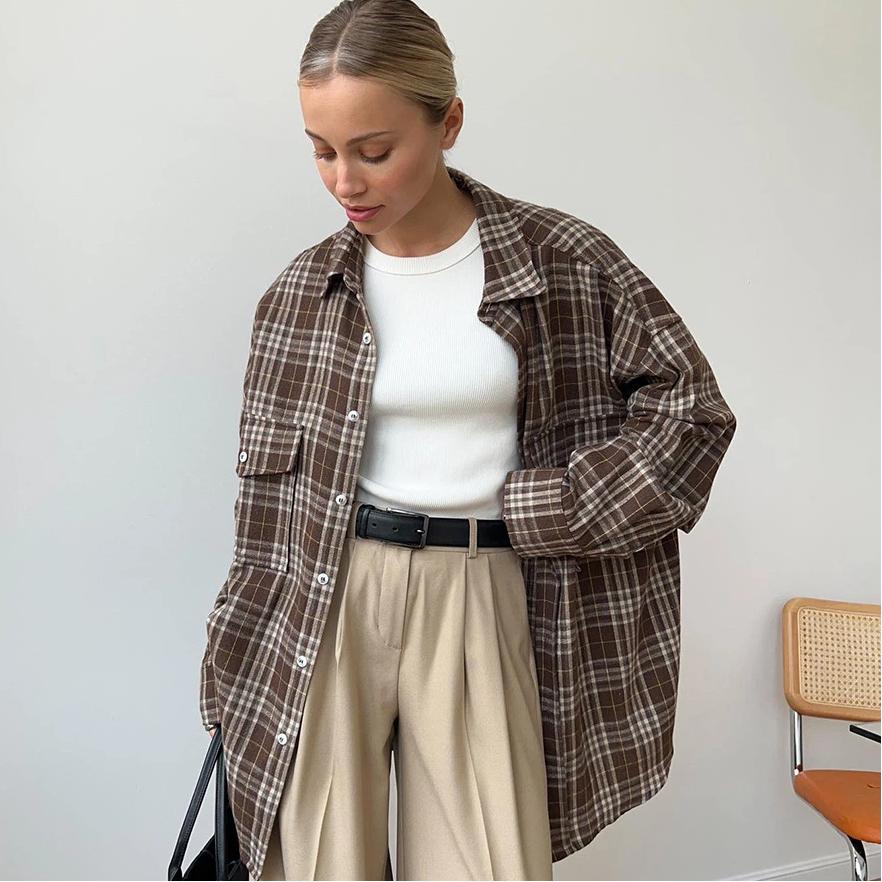

Checkered Shirt Women s Retro Double Pocket Checkered Striped Mid Length Shirt L коричневый