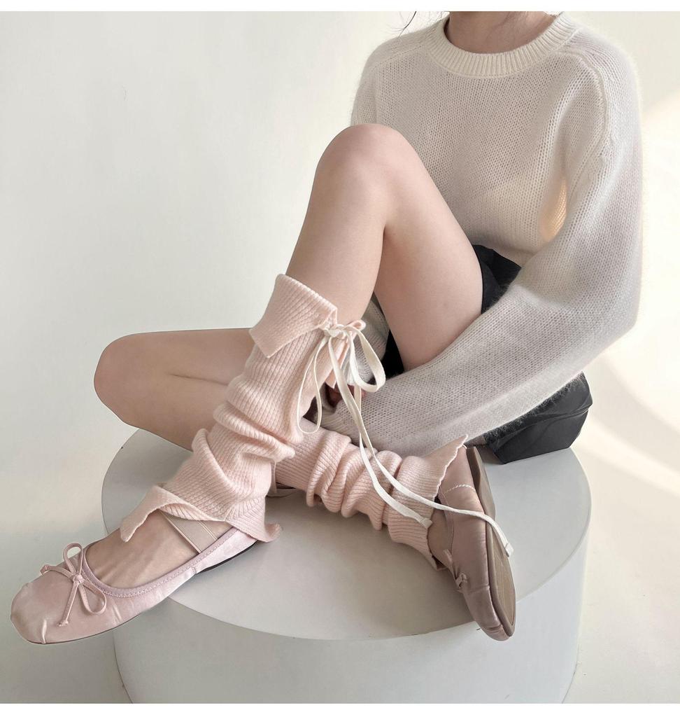 Korean Style Lace-Up Bow Knit Leg Warmers for Girls