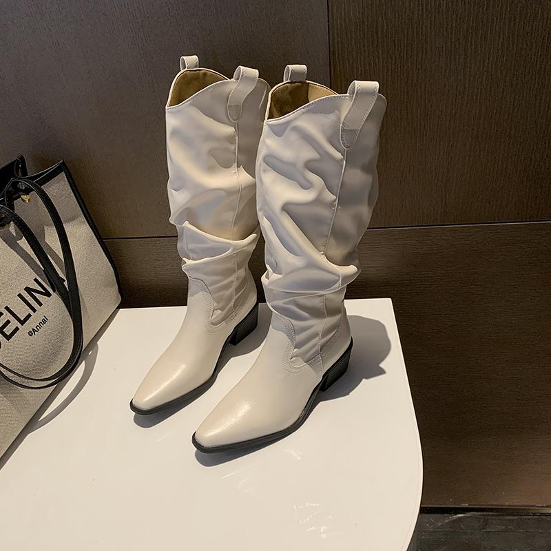 Retro Pointed Toe Pleated Women Western Cowboy Concise Thick Heels Female Slip on Long Booties De Muje