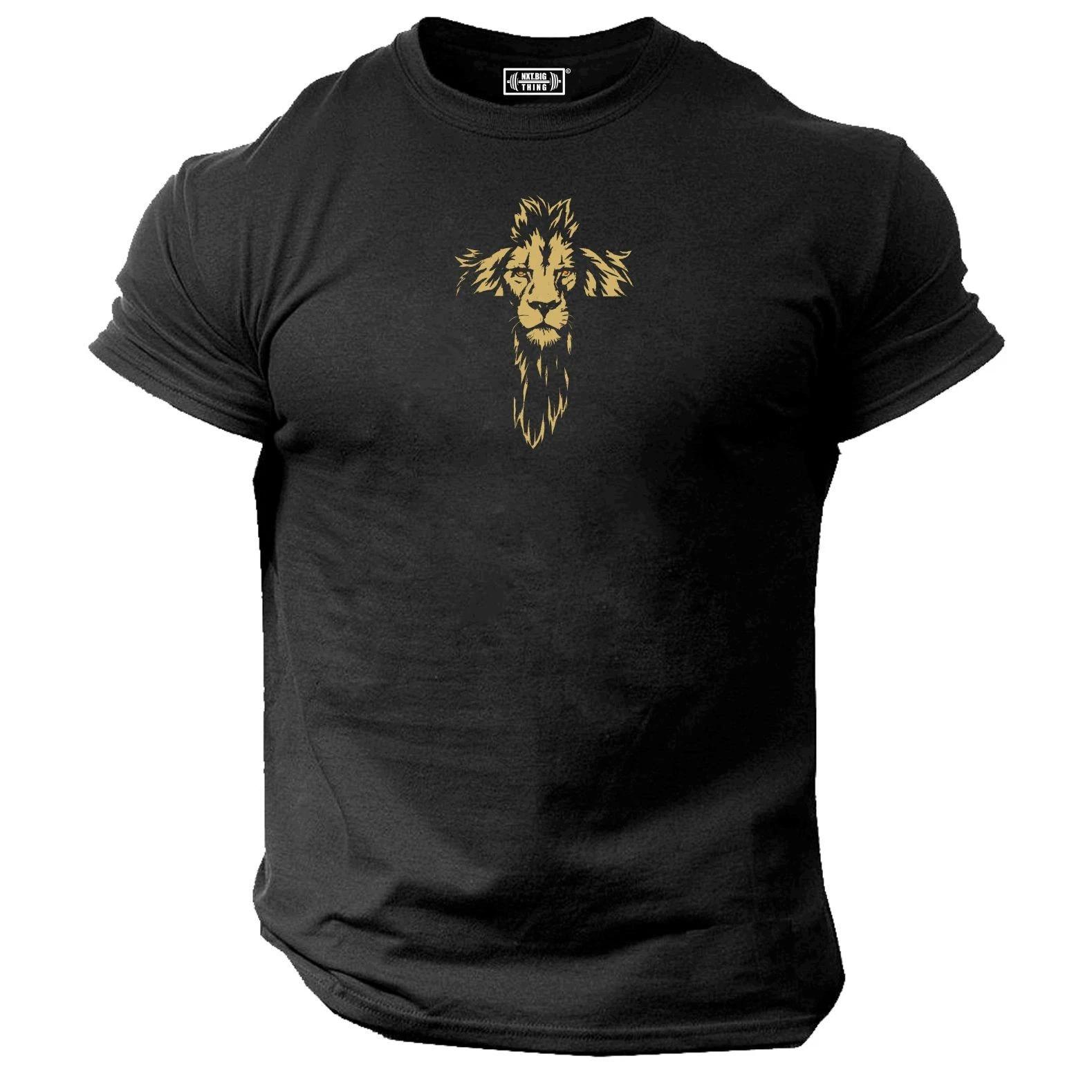 Lion Cross T Shirt Gym Clothing Bodybuilding Training Workout Exercise MMA Top M