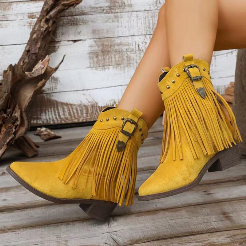 Fashion Vintage Tassel Detor Ankle Boots Women Spring Autumn Pointed Toe Square Heel Boots Woman Fashion Slip On Plus Size Booties Lady