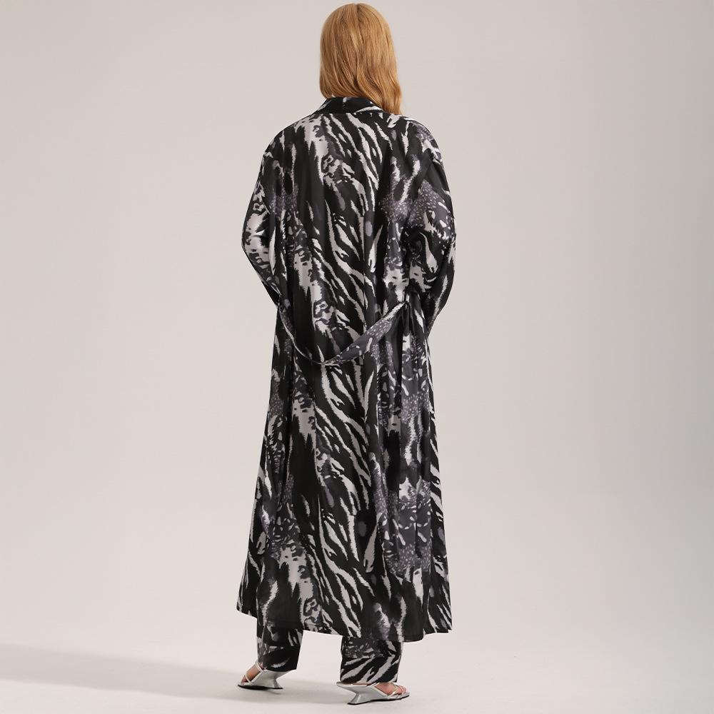 Women's Zebra Print Satin Pajama Set - Summer Robe & Long Pants, 3-Piece