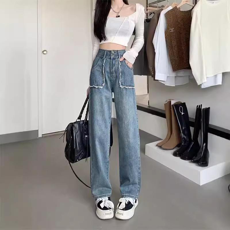 

Ретро джинсы больших размеров с высокой посадкой и широкими штанинами для женщин - Стройнящие, Прямые, Длиной до пола Large синий