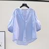 Summer Versatile Top Light Blue Stand-up Collar Lantern Sleeve Shirt Women's Korean Version Small Fresh Loose Casual Shirt