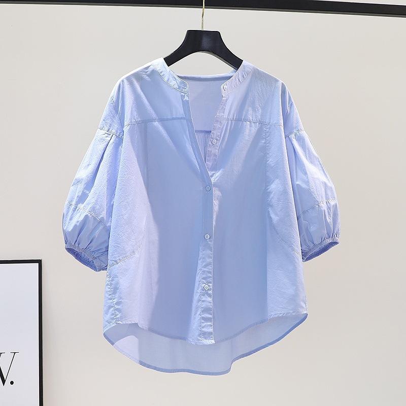 Summer Versatile Top Light Blue Stand-up Collar Lantern Sleeve Shirt Women's Korean Version Small Fresh Loose Casual Shirt