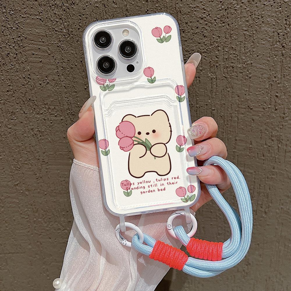 Cute Flower Phone Case For iPhone 15 Pro Case iPhone 13 11 12 14 16 Pro Max 7 8 Plus XR XS SE  Hang Chain Card Holder Cover