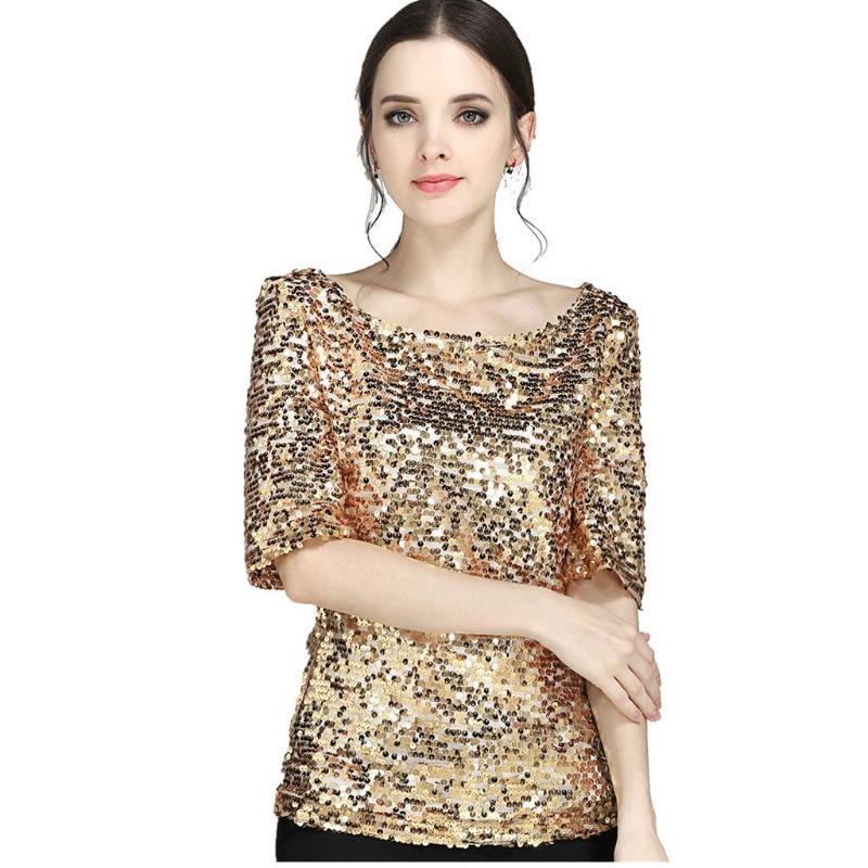 Women Shiny Sequin Loose Blouses Elegant Stylish Crew Neck Glittering Tops Five-point Sleeve Casual Stretch Shirt