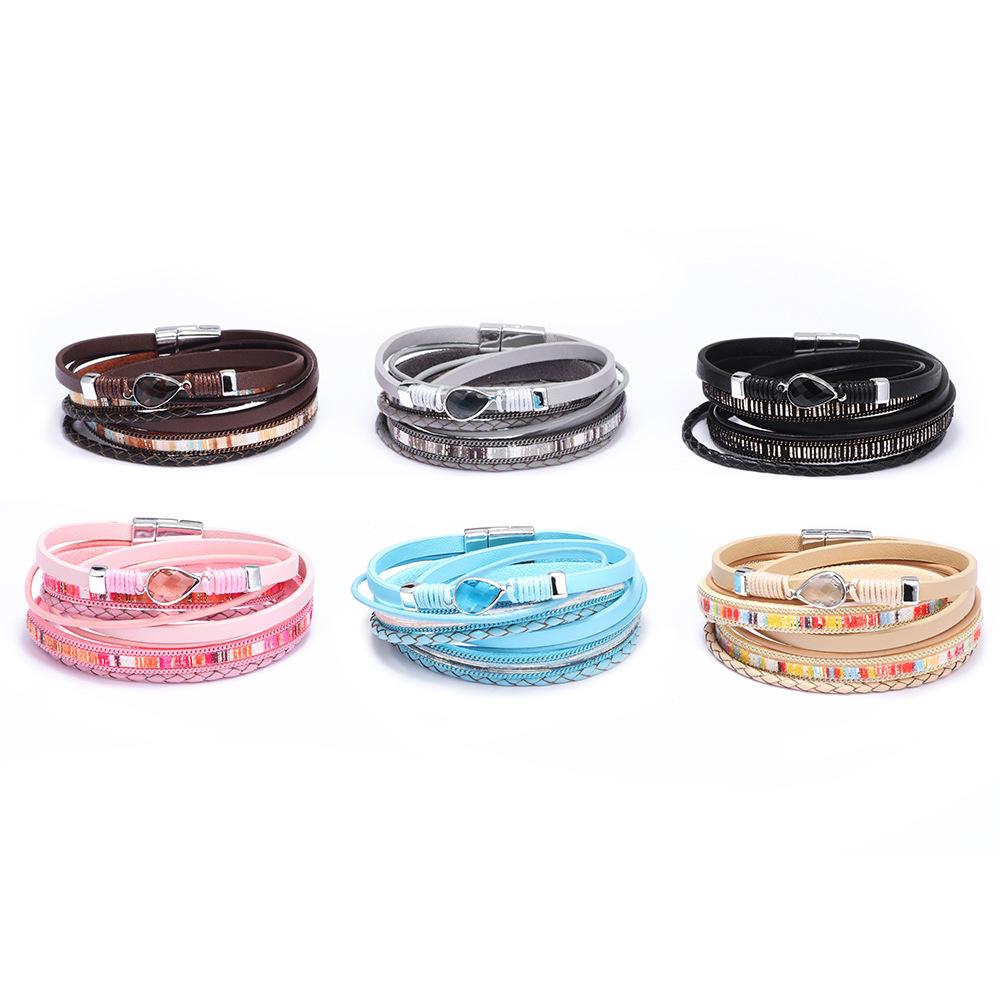 JMXD  Women Multi Layer Wrap Bracelet Magnetic Clasp Leather Rhinestone Bangle Adjustable Fashion Sparkle Cuff Gift