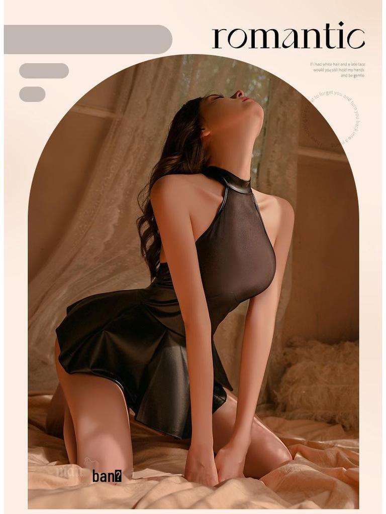 Man Yan Lingerie: Sexy Backless Patent Leather Pleated Mini Skirt Dress Set for Mature Women