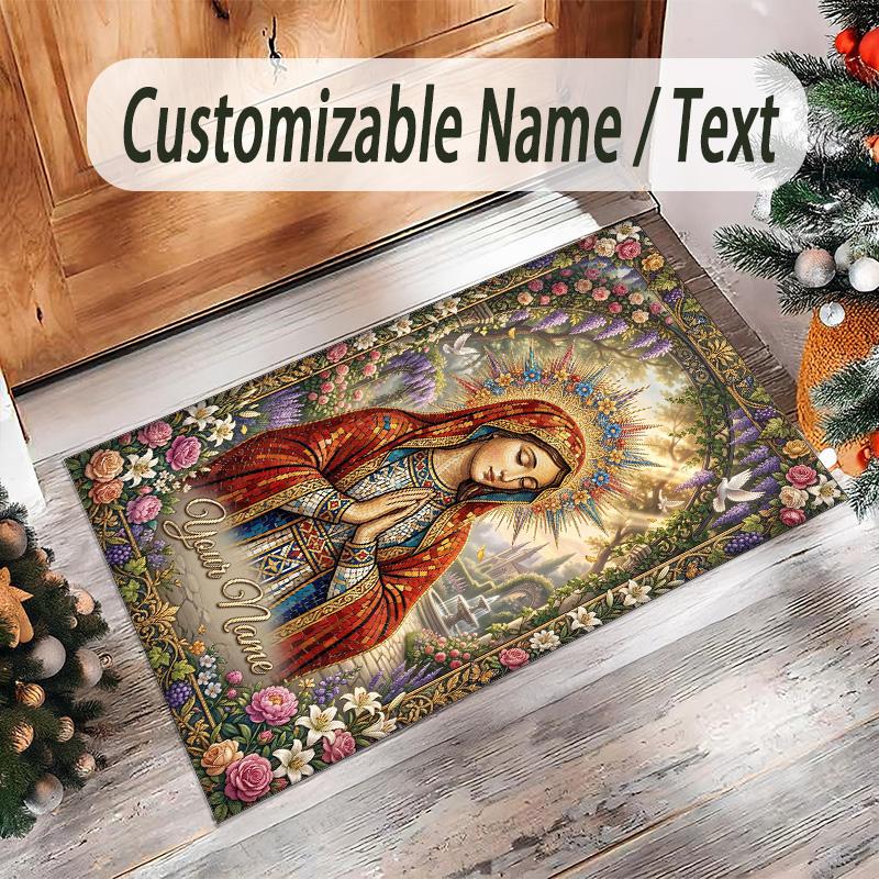 Virgin Mary Theme Crystal Velvet Rug Personalized Custom Name Text Soft Floor Mat Home Decor