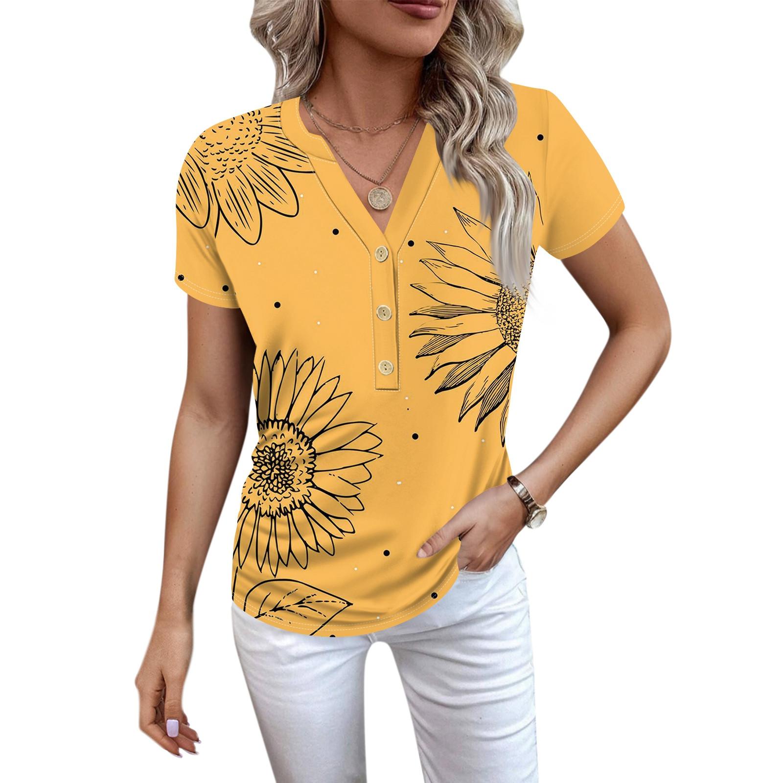 

Нові жіночі футболки з V-подібним вирізом на ґудзиках і короткими рукавами з ретро-принтом, верхній повсякденний топ, великі футболки M помаранчевий