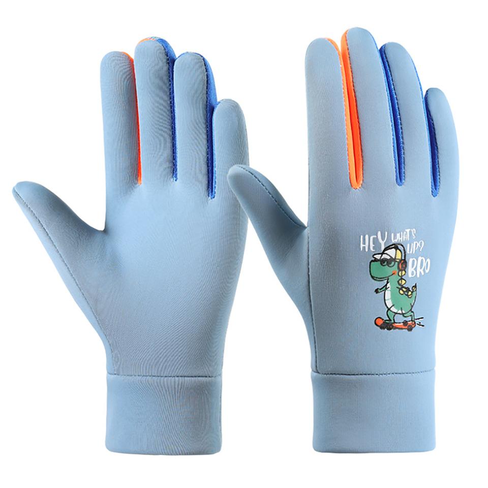1Pair Kids Winter Gloves Fleece Lined Windproof Little Dinosaur Design Outdoor Snow Play Waterproof Warm