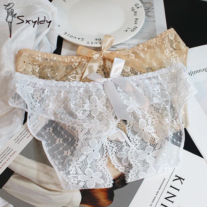 Women's Bow Lace Hollow Panties Low Waist Sexy Temptation Open Crotch Free To Take Off Briefs