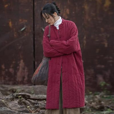 Women Chinese Style Linen Parkas Stand Long Sleeve Winter Coats Striped Button Plus Cotton Loose Warm Parkas