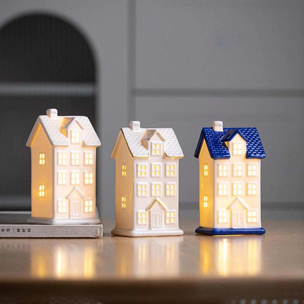 Ceramic Christmas Home Decorations Lighted Christmas House Figurine with Light Xmas Crafts Creative LED Hollow House