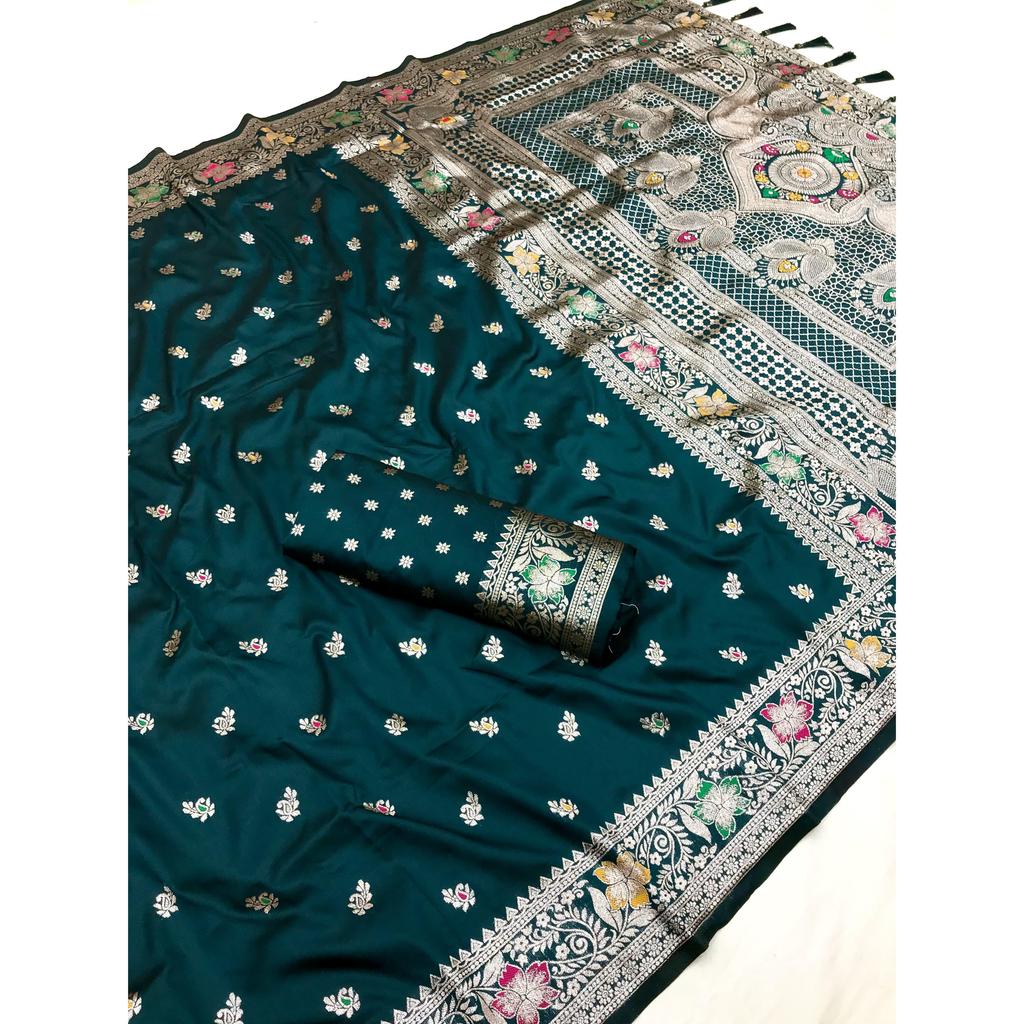 Soft Banarasi Silk Saree with Zari Weaving Meenakari Touchup Design All Over the Saree