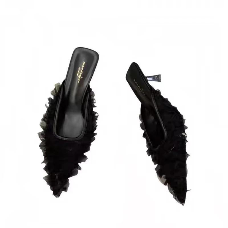 Pointed Toe Mid Heels Women Slippers Elegant Shallow Heeled Shoes 2025 Summer Fad Slides Pumps Designer Dress Sandalias De Mujer