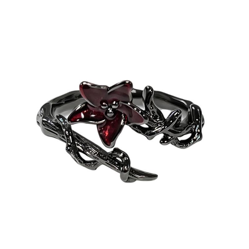 Unisex Halloween Bat Cross Flame Ring with Red Thorns and Flowers - Dark Style Fashion Finger Accessory