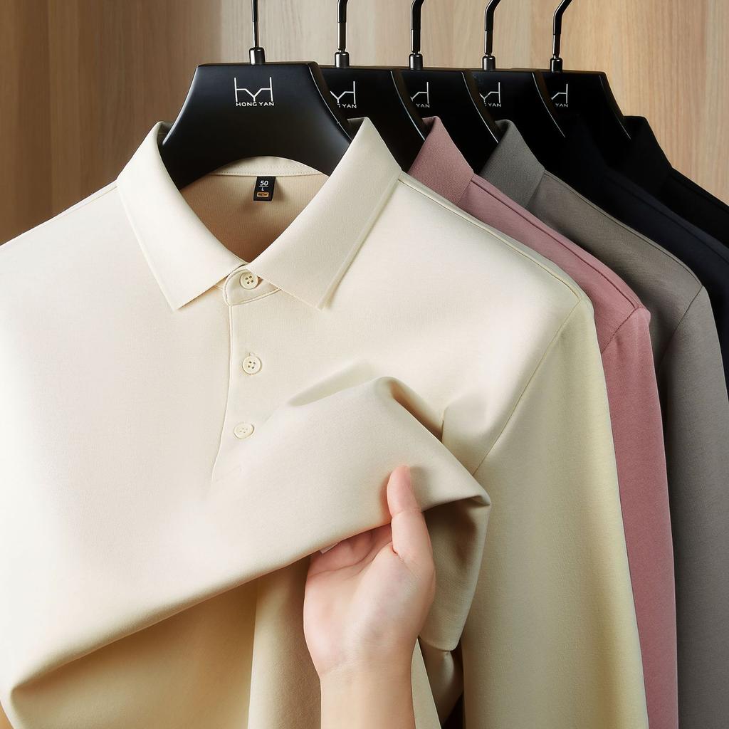 Autumn And Winter Heavy 260G Mamba Cotton Lapel Men'S Long-Sleeved Polo Shirt Light Business Versatile Solid Color Men'S Polo Shirt