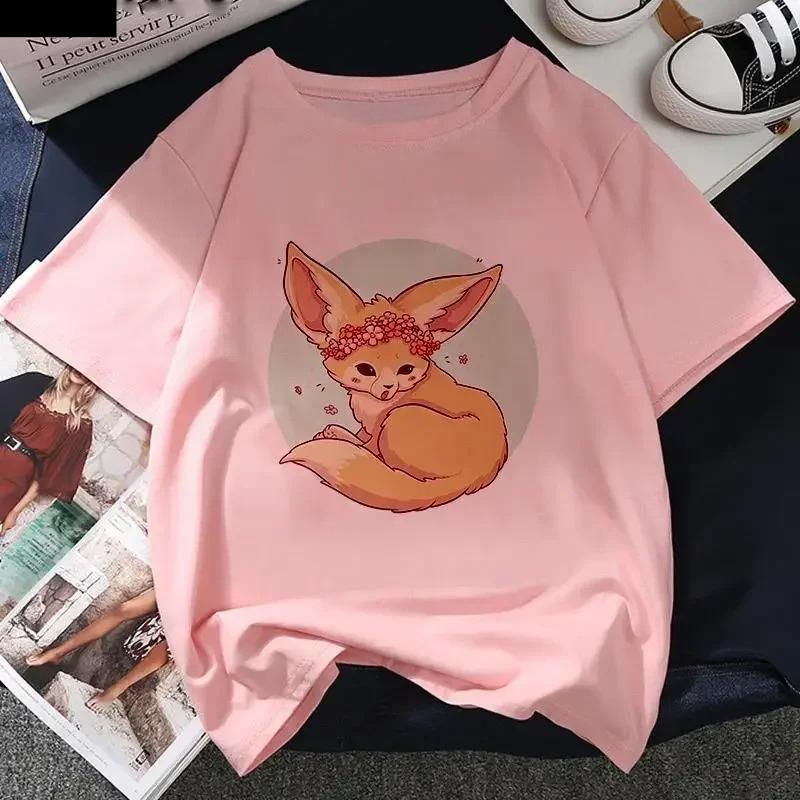 Kawaii Fox Print Ladies Tshirt Ladies Casual Basis Ocollar White T Shirt Short Sleeve Ladies Tshirt Cute Animal Graphics Tops