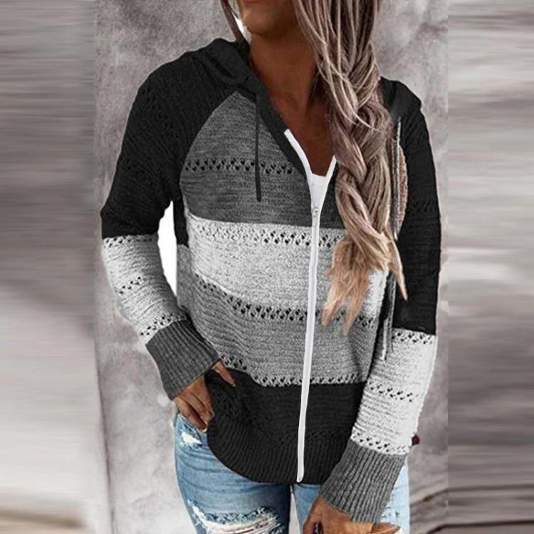 Color Block Hoodie Sweatshirt Cardigan Women Long Sleeve Zip Up Sweater
