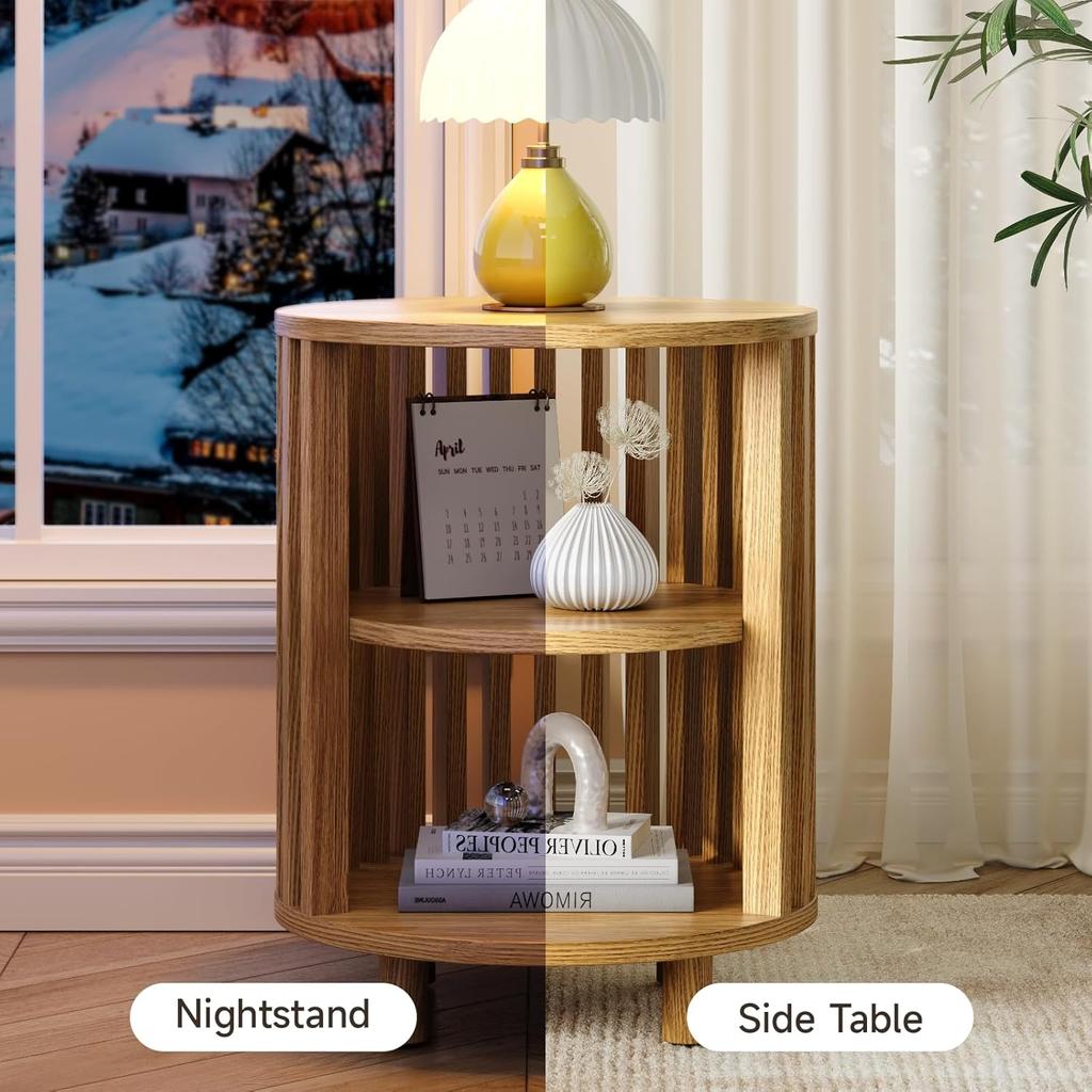 Round End Table, Wood Bedside Table, Mid Century Modern Nightstand with Open Storage Shelf, 3 Tier Small Side Tables for Living Room, Bedroom, Curved