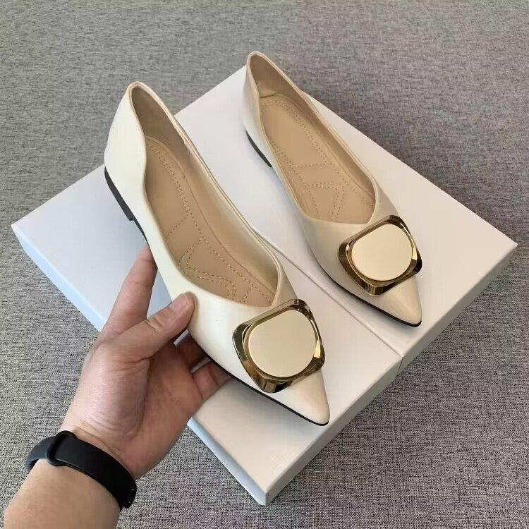 Flat shoes women's shallow mouth 2025 spring new versatile four-season pointed single shoes soft sole square buckle ladyshoes comfortable Doudou shoes