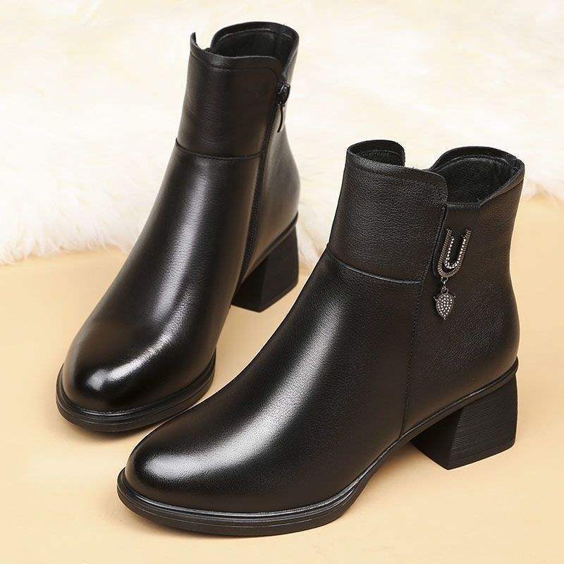 Frühling, Herbst und Winter 2025 neue Kurzstiefel mit dickem Absatz, Damen-High-Heel-Martin-Stiefel mit seitlichem Reißverschluss, vielseitige Damenstiefel, Samt-Baumwollstiefel