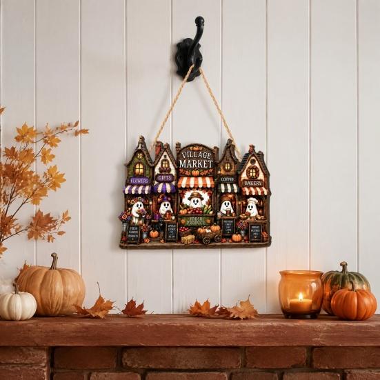 Halloween Hanging Wooden Sign House Pendant with Hemp Rope for Wall Door Autumn Seasonal Art Decoration, Haunted Castle Ornaments Pumpkin Ghost