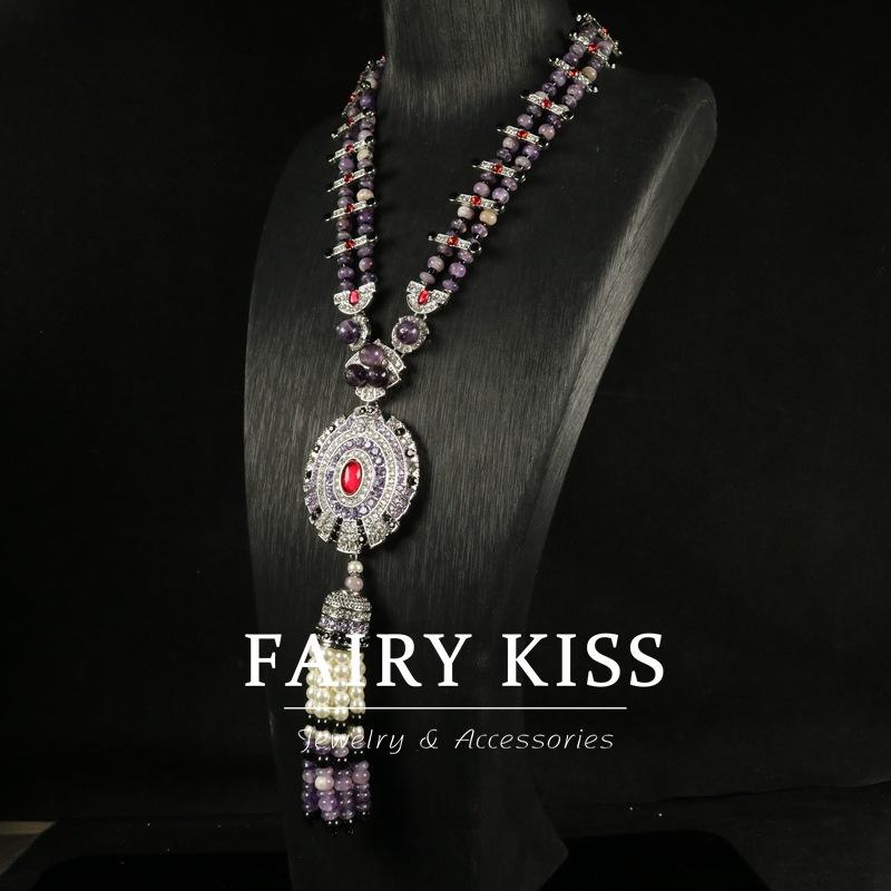 Sweeping Shoulder Purple Fringed Beaded Color Matching Earrings Necklace Set Versatile Classic Retro Accessories