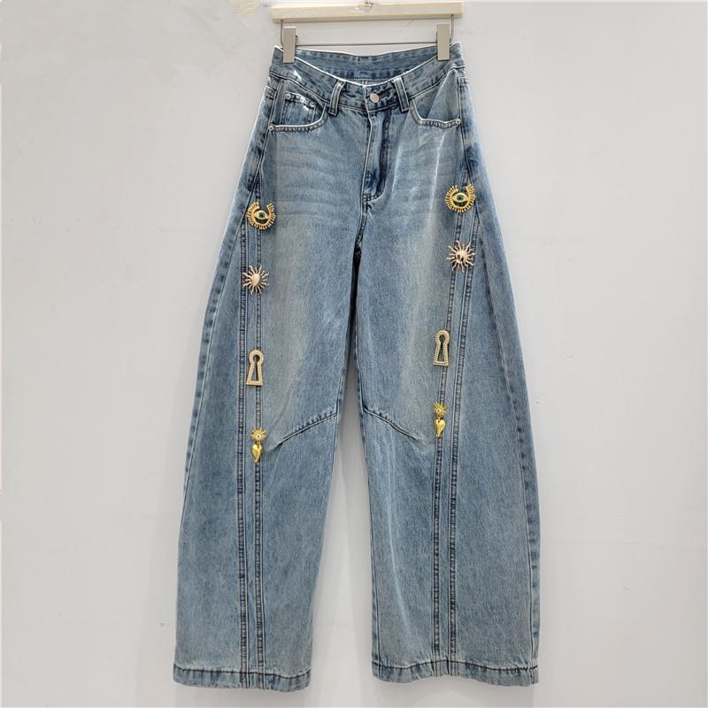 Spring Metal Buckle Decorated Mid-Waist Wide-Leg