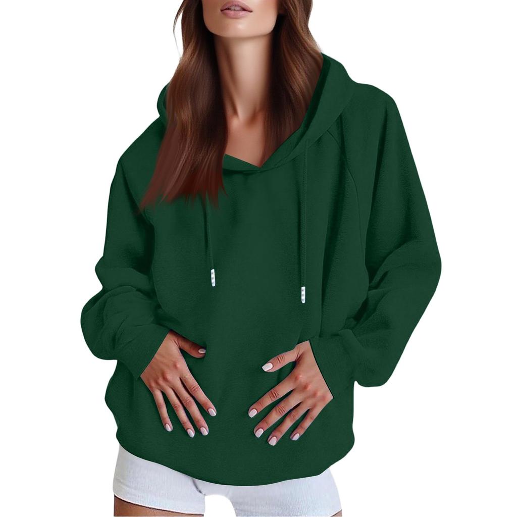 Sudadera con Capucha Oversized de Mujer a la Moda Casual de Color Sólido con Hombro Caído y Manga Larga con Cordón