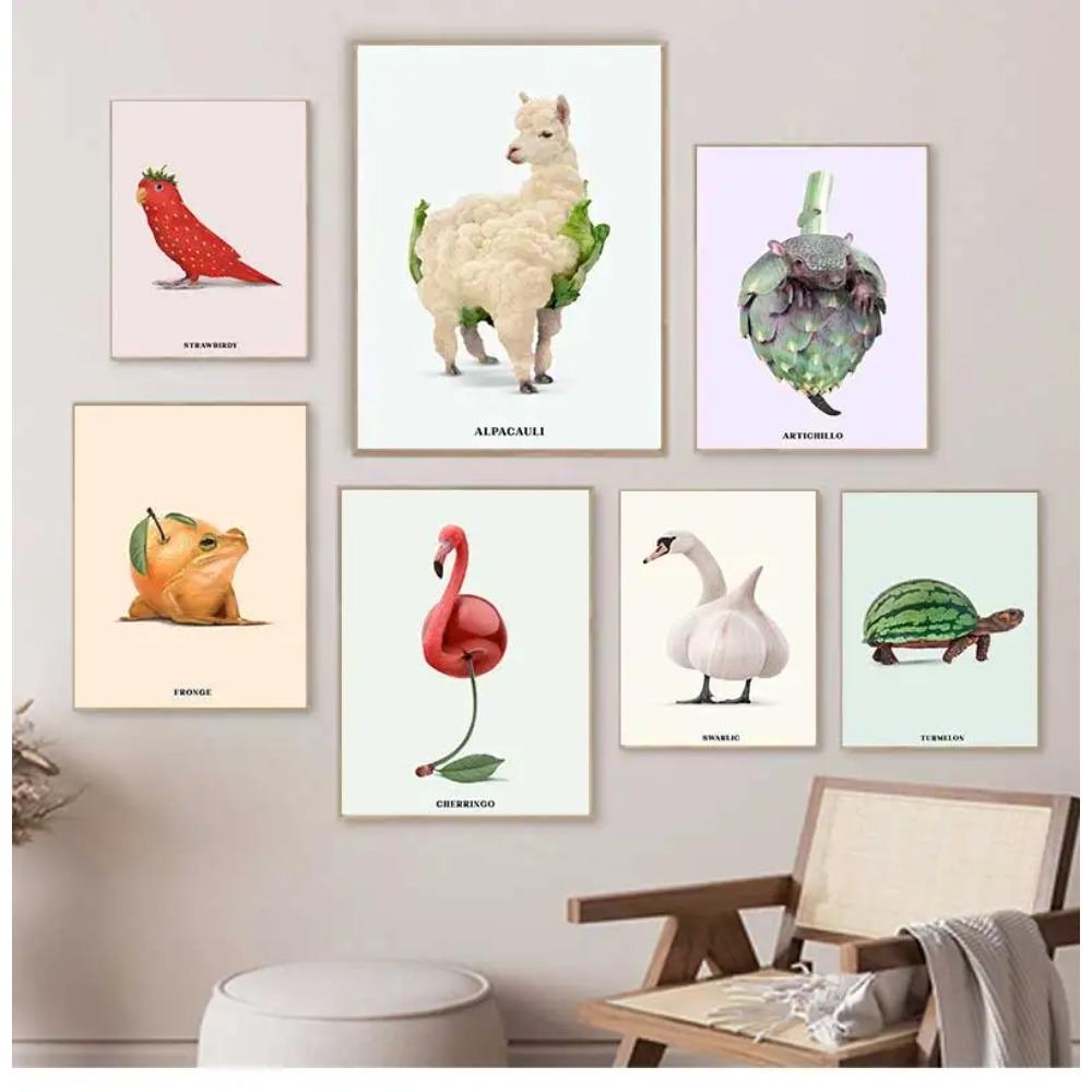 Funny Fruit Animal Poster, Kitchen Canvas Painting, Garlic, Goose,Cauliflower, Sheep Wall Picture, Living Room Decor