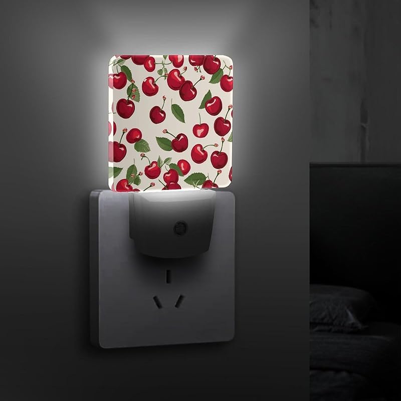 Red Cherry Pattern Night Light Plug-in Wall NightLights with Dusk to Dawn Sensor, LED Auto-On/Off Nightlight for Bedroom, Bathroom, Hallway,