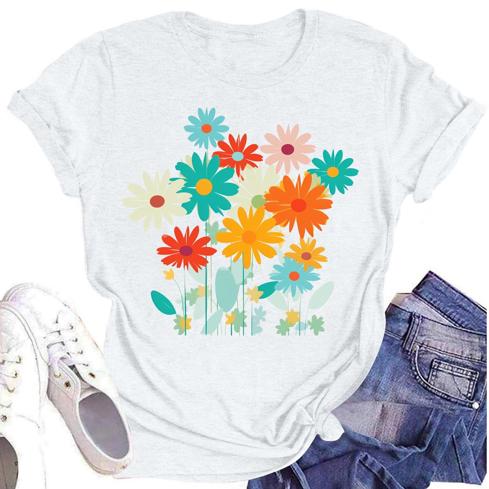 

Женская повседневная футболка с круглым вырезом и цветочным принтом, короткий рукав XL белый