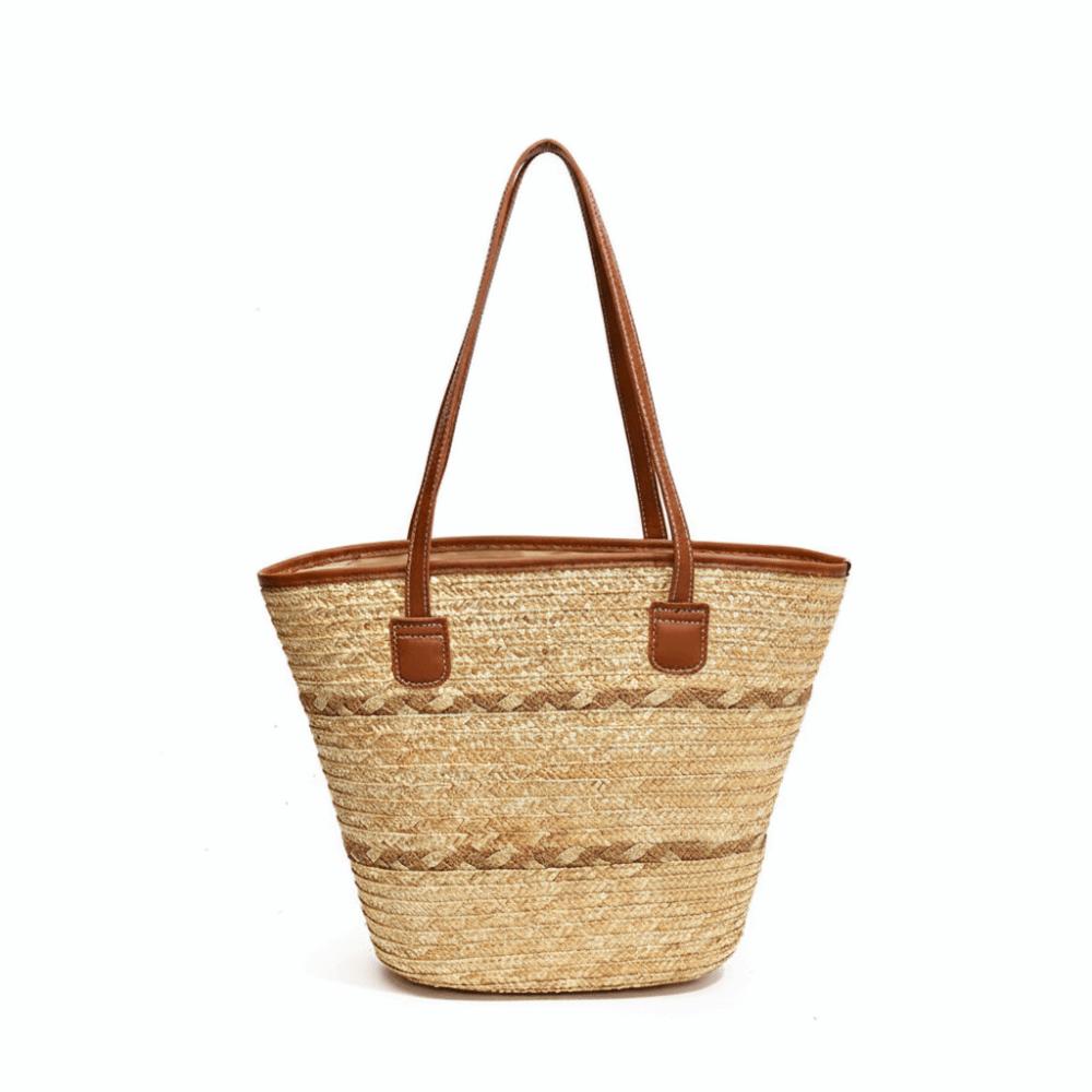 Fashion Straw Tote Bag Stripe Large Capacity Woven Shoulder Bag Square with Zipper Vacation Beach Bag