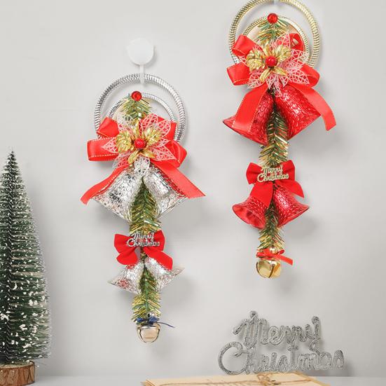 Christmas Bell Plastic Jingle Bells Xmas Tree Hanging Ornament with Bow And Artificial Pine Needles for Weddings Parties Holiday Decor