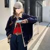 2026 Autumn Women's Retro Fleece-Lined Baseball Jacket: College Style, Loose Fit, Printed Design